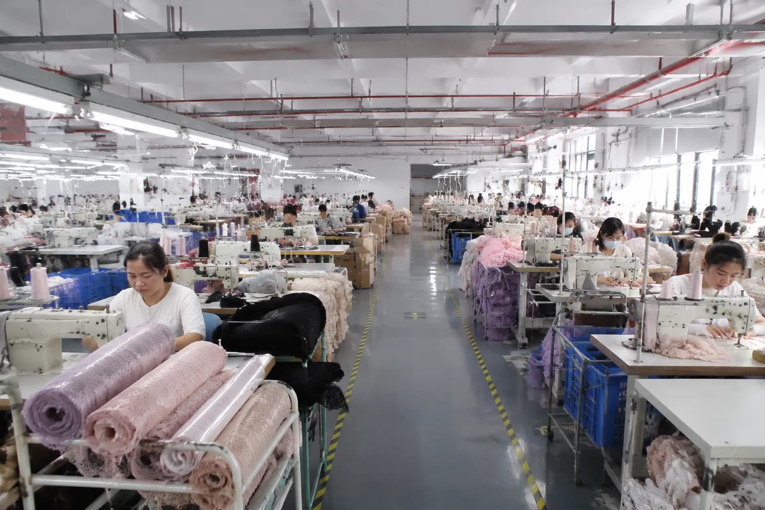 Sewing lines on the production floor at the Velora Intimates lingerie factory in Shantou, China